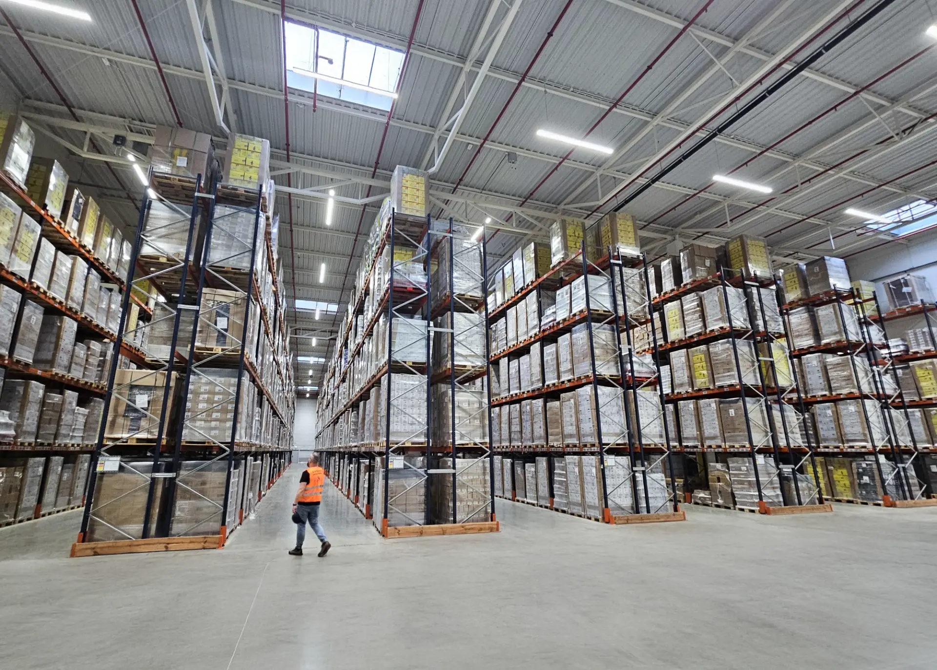 Langowski logistics Pruszków: Rozległy magazyn z rzędami regałów wypełnionych paletami, pracownik w kamizelce idzie.